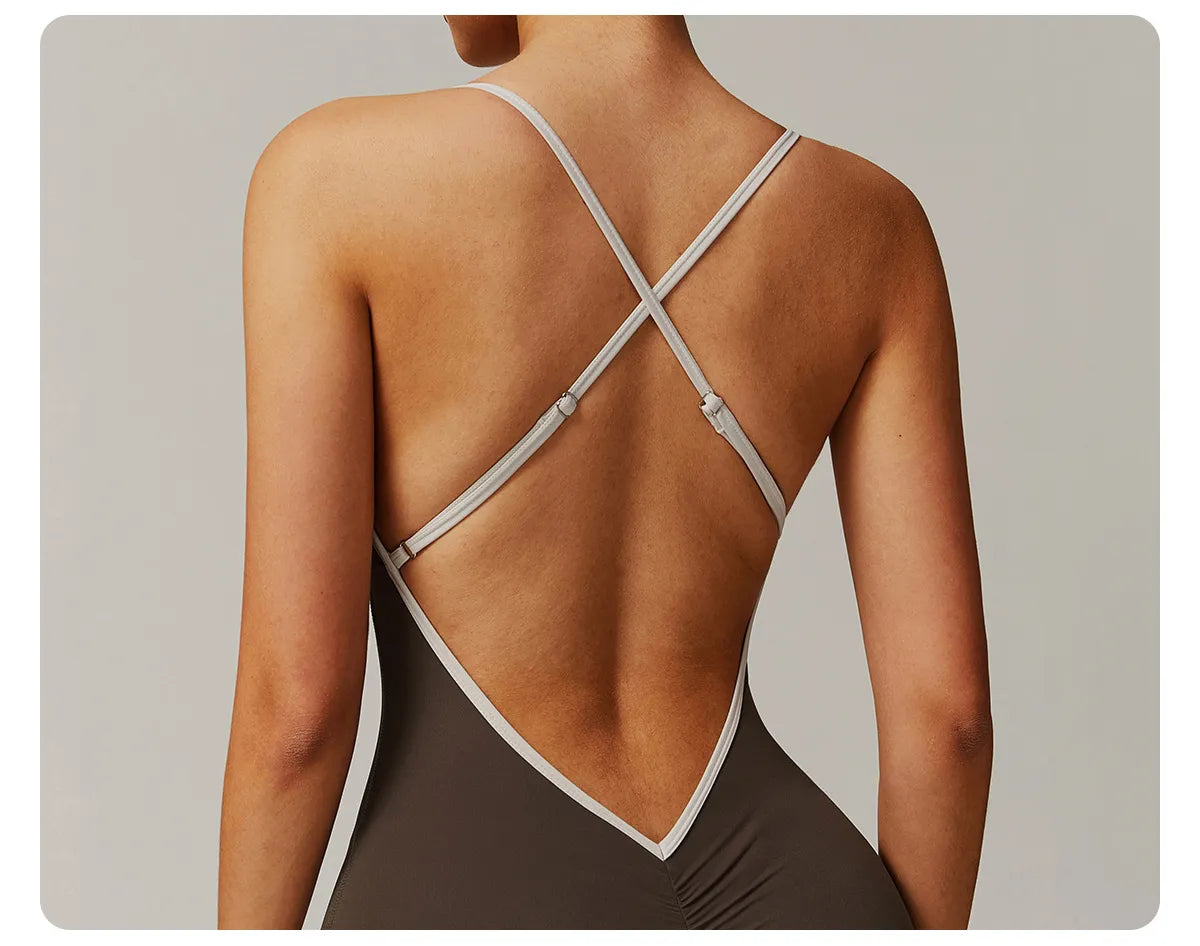 Solid Beauty-back Long Pants Jumpsuit Yoga Fitness Running Dance Slim Bodysuit Women Sports Clothing