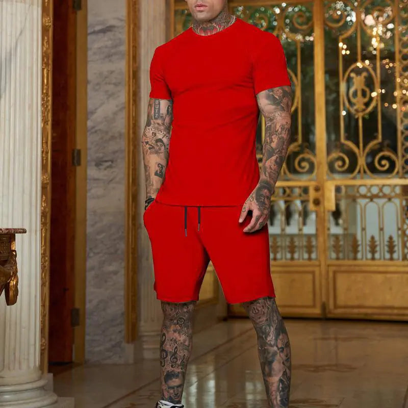 Men's Solid Color Short Sleeve T-Shirt and Shorts Set