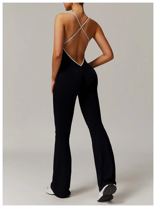 Solid Beauty-back Long Pants Jumpsuit Yoga Fitness Running Dance Slim Bodysuit Women Sports Clothing